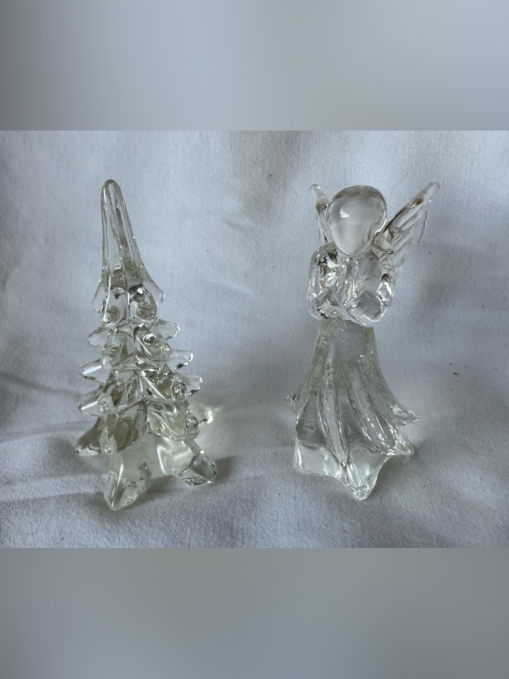 Clear Glass Christmas Figurines Angel & Tree set. Holiday table setting